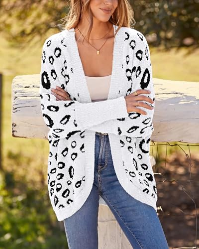 BTFBM Leopard Cardigan for Women Knit Fall Fashion Clothes - color: White, size: X-Large