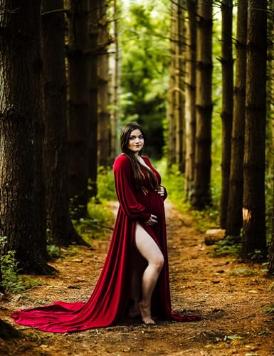 Long Sleeve Maternity Dress for Photoshoot Plus Size - color: Burgudy, size: X-Large