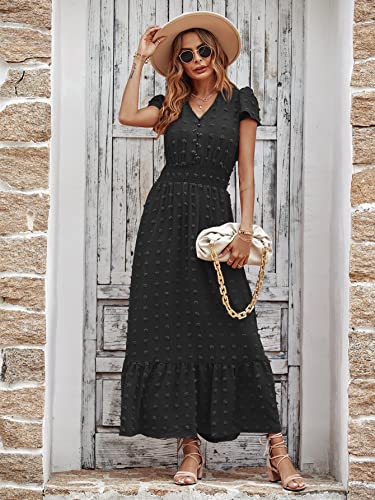 PRETTYGARDEN Womens Dresses 2026 Summer Boho Long Swiss Dot Maxi Dress - color: Black, size: X-Large