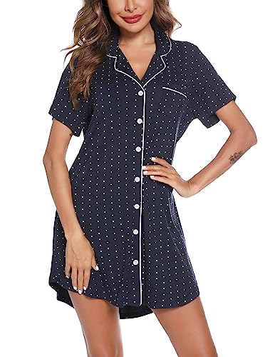 Pjmlifecoco Women's Button Down Nightgown Short Sleeve Sleep Shirt - color: Navy Blue With Dots, size: XX-Large