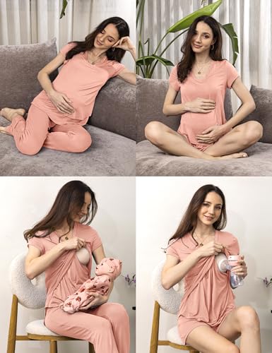 SUNNYBUY 3 PCS Maternity Breastfeeding Pajamas Set with Hidden Nursing Top - color: Pale Pinkish Purple, size: Medium