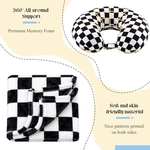 HunnmingRe 5 Pcs Travel Pillow Blanket Set, Airplane,Checkered,Black - color: Black, style: Checkered