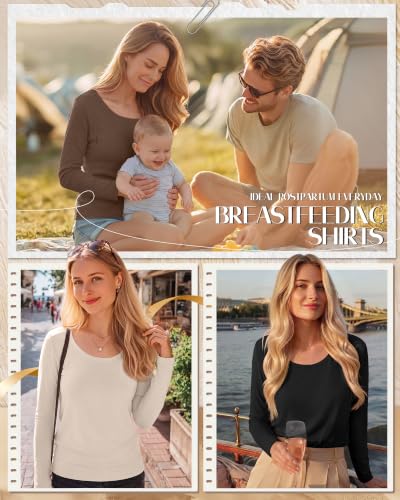 Huukeay 3 Pack Womens Nursing Tops Breastfeeding Shirts Zipper - color: Brown, Apricot, Black, size: Large