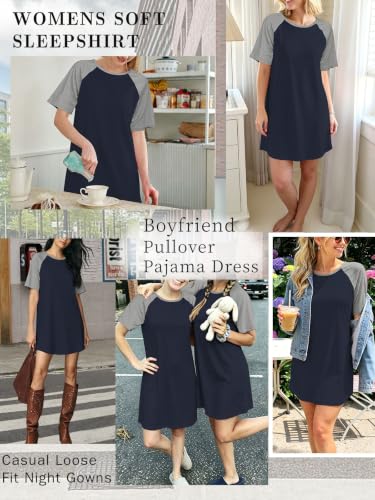 Nightgowns for Women Raglan Sleeve Night Shirt Soft Sleepshirts - color: Grey and Navy Blue, size: Large