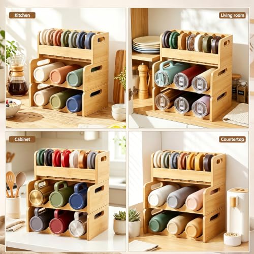 RattanView 3 Pcs Bamboo Water Bottle Organizer and Tumbler Lid Organizer