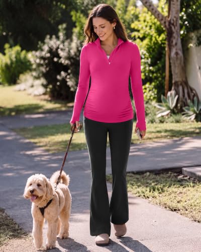 G4Free Lightbreeze Maternity Shirts Long Sleeve Quarter Zip Pregnancy Top - color: Hot Pink, size: Medium