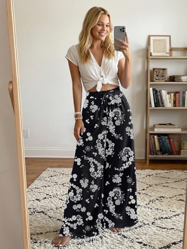 LILLUSORY Womens Wide Leg Palazzo Pants with Pockets High Waist Flowy - color: Black Flower, size: Medium