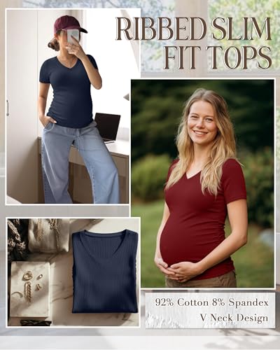 Neer 4 Pack Women's Maternity Shirts Short Sleeve - color: Black, Light Heather Gray, Navy Blue, Burgundy, size: Small