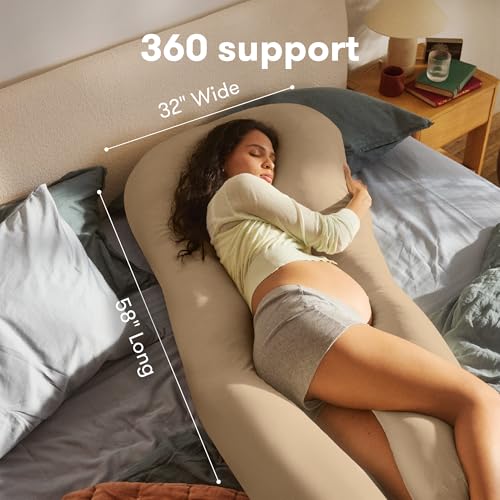 Frida Mom Full Body Support Cooling Pregnancy Pillow, Storage Bag, Taupe - color: Taupe