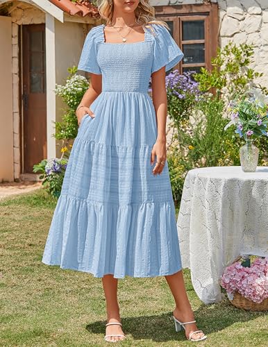 MEROKEETY Womens Summer Midi Dress Short Sleeve Square Neck Boho Long Dress - color: Blue, size: Large