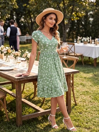 FENSACE Tulip Sleeve V Neck Button Down Dress with Pockets - color: Green White Floral-2, size: Medium