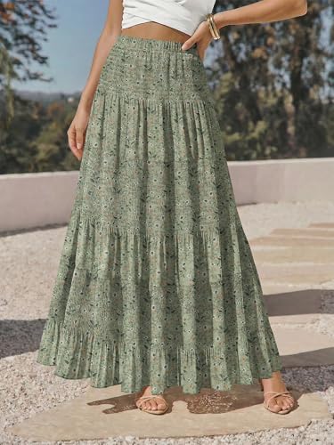 onlypuff Maxi Skirt Women Western Midi Chiffon Flowy Boho Fall Outfits - color: C-green Floral, size: X-Large