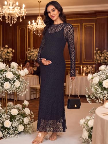 Maternity Dress Set Bodycon Lace Overlay & Inner Slip - color: Black, size: XX-Large
