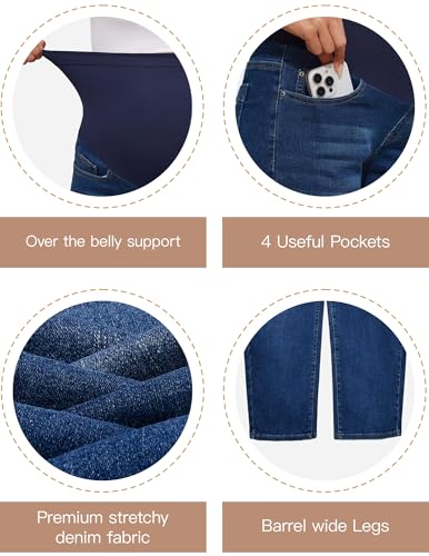 POSHGLAM Maternity Jeans Over Belly Barrel Jeans Wide Leg Pregnancy Denim Pants - color: Dark Blue, size: Medium