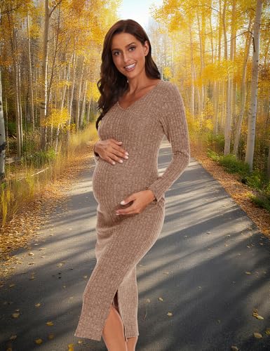 LAHILO Long Sleeve Maternity Sweater Dress for Fall Winter Baby Shower - color: Camel, size: XX-Large