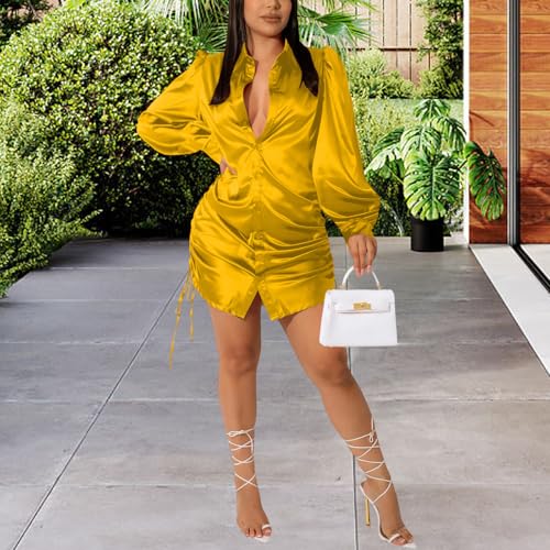 Women's Sexy Button Down Shirts Loose Collar Long Sleeve Ruched Silk Cloth Night Out Club Mini Wrap Dress Drawstring - color: Yellow, size: Medium