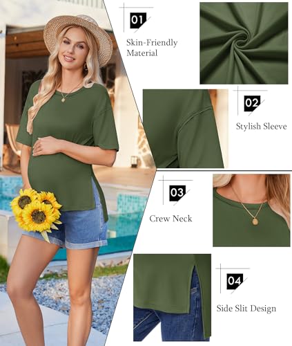 Ekouaer Maternity Shirts 3 Packs Short Sleeve Split Side Pregnancy Tops - color: Black/Army Green/White, size: X-Large