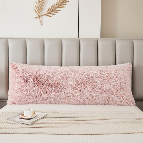 JAUXIO Faux Fur Fluffy Body Pillow Cover Luxury Shaggy Plush Decorative Body Pillowcase, Ultra Soft and Cozy Zipper Closure 21 x 54 Inches, Ombre Pink - color: Ombre Pink
