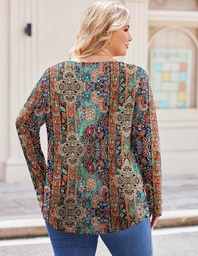 IN'VOLAND Womens Plus Size Long Sleeve Shirts Fall Tunic Top V Neck Shirt - color: Boho-mz721, size: 1X