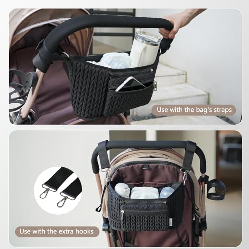 Stroller Organizer - Stylish Quilting Nylon, Universal Fit, Detachable Bag, Adjustable Multi-Storage for Baby Stroller and Pet Stroller(Black-A - color: Black