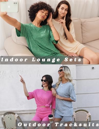 Ekouaer Women 2 Piece Lounge Sets Ribbed Knit Oversized Shirt Biker Shorts - color: Black Grey, size: Small