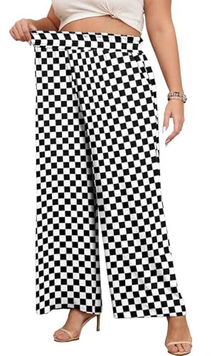 Lastshe Women's Plus Size Wide Leg Pants Elastic High Waist Hide Drawstring Loose Work Pants Palazzo Trousers with Pockets - color: Black White Plaid, size: 2X