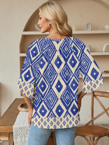 Poetsky Womens Boho Tops V Neck 3/4 Sleeve Blouses Loose Fit Tunic Shirts - color: Blue, size: Large