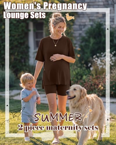 Huukeay 2 Pack Women Maternity Set Pregnancy Outfits - color: Army Green, Dark Brown, size: Large