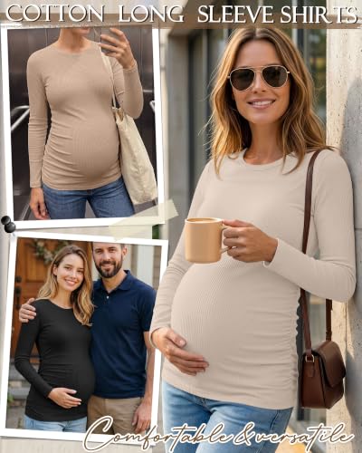 Ficerd 4 Pack Women's Maternity Shirts Long Sleeve Pregnancy Top - color: Black, Coffee, Khaki, Apricot, size: Small