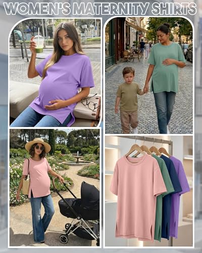 Riyiper 4 Pack Women's Short Sleeve Maternity T Shirts - color: Ballet Pink, Gray Green, Haze Blue, Lavender, size: Medium