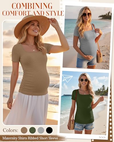 Huukeay 4 Pack Women's Short Sleeve Maternity Shirts - color: Black, Heather Gray, Khaki, Army Green, size: X-Large