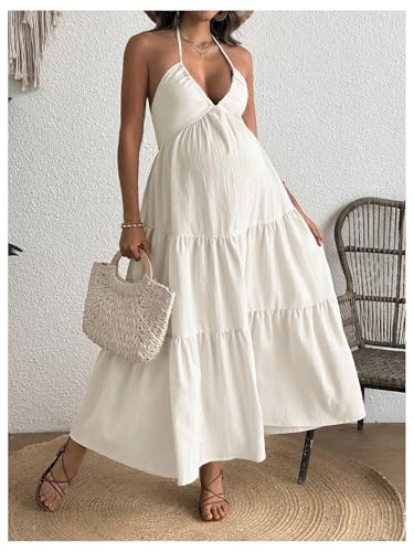 OYOANGLE Women's Summer Boho Maternity Dress Halter Flowy Baby Shower Dress - color: Apricot, size: Medium
