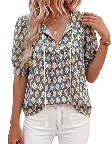 PRETTYGARDEN Womens Summer Boho Blouses Dressy Casual - color: Blue, size: Large