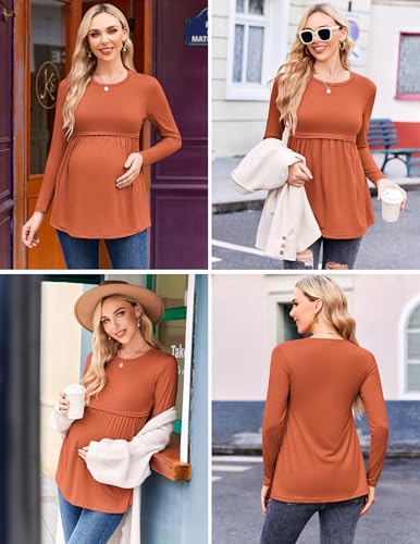 Ekouaer Maternity Shirts 3 Pack Pleated Long Sleeve Tops Pregnancy Clothes - color: Black/White/Caramel, size: Small