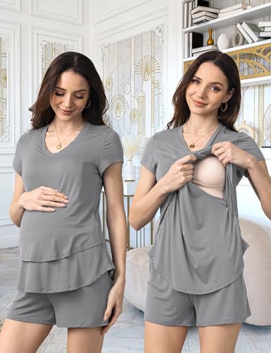 SUNNYBUY 3 PCS Maternity Breastfeeding Pajamas Set with Hidden Nursing Top - color: Gray, size: XX-Large
