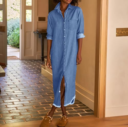 chouyatou Women's Spring Long Sleeve Button Down Denim Shirt Dress Lapel Distressed Midi Long Jean Shift Dress - color: Light Blue, size: Small