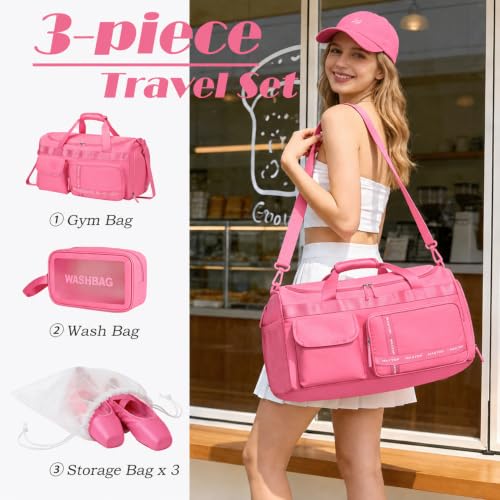 MAXTOP Large Gym Bag for Women Men Duffle Bag With Wet Dry Separation - color: Rose Set, style: Gym Bag&toiletry Bag(45l)