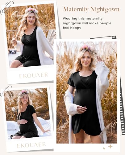 Nursing Nightgown Short Sleeve Breasfeeding Birthing Gown Maternity Dress - color: Black, size: X-Large