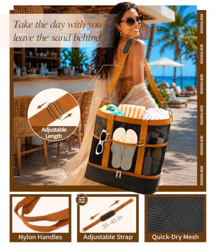 2-in-1 Mesh Beach Bag with Cooler for Women, Extra Large Beach Tote with Zipper, 11 Pockets, Adjustable Shoulder Strap - color: Black and Brown