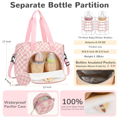 Tenot Diaper Bag Tote, Baby Bag with Pacifier Case, Pink Checkered - color: Pink Checkered