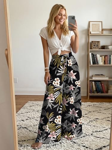 LILLUSORY Womens Wide Leg Palazzo Pants with Pockets High Waist Flowy - color: Black Print, size: Large