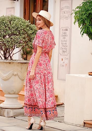 R.Vivimos Womens Summer Boho Floral Print V Neck Flowy Dress - color: Lightpink, size: Medium