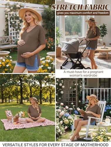 Ekouaer Maternity Shirts 3 Pack Oversized Pregnancy Tops Summer Clothes - color: 3 Pcs Black/ White/ Brown, size: Large