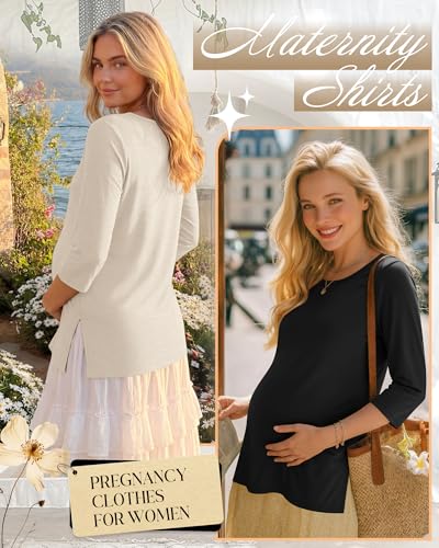 3 Pack Women's 3/4 Sleeve Maternity Loose Crewneck Tops - color: Cream, Coffee Gray, Black, size: Small