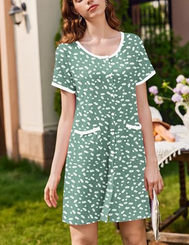 Ekouaer 2 Pack Nightgowns for Women Button Down Houese Dress with Pockets - color: Black/Green Dandelion, size: Medium