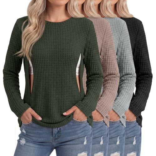 Locoowai 4 Pack Nursing Tops Waffle Knit Long Sleeve Shirts - color: Army Green, Light Brown, Light Gray, Black, size: Medium