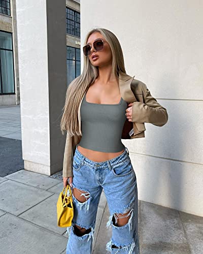 Womens 3Pk Crop Tank Tops Square Neck Workout Top - color: Black + Beige + Light Grey, size: X-Small