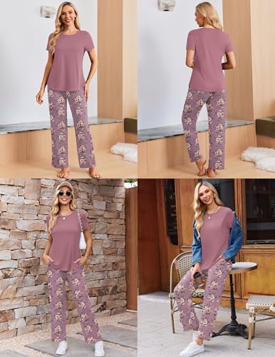 Ekouaer 3 Piece Maternity Nursing Pajamas Set Short Sleeve Breastfeeding Pjs - color: Pink Purple-flower, size: Medium