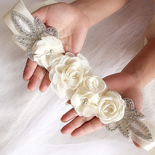 Huralona Wedding Sash Belt Satin Ribbon with Flowers Pearls Rhinestone - color: Ivory