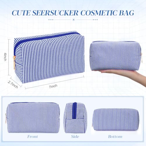 Sanwuta 6 Pcs Seersucker Cosmetic Bags Bulk, Striped Zippered,Navy Blue - color: Navy Blue